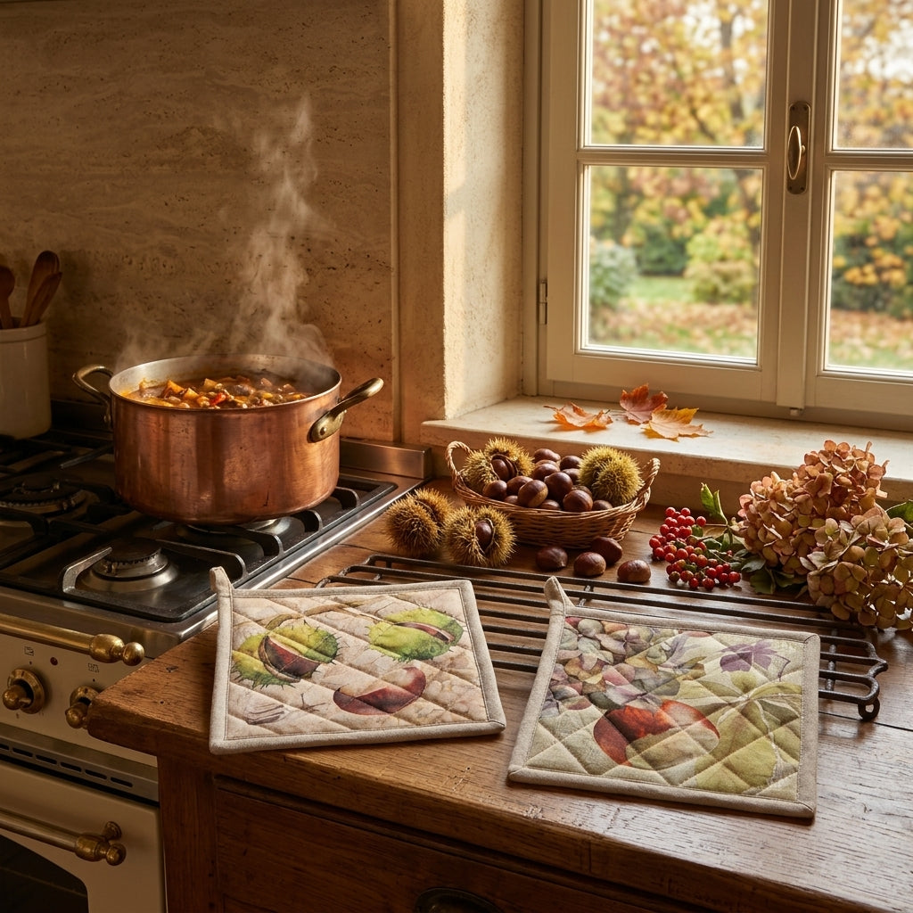 Presine assortite per la cucina con design di castagne e foglie, perfette per l'uso quotidiano.