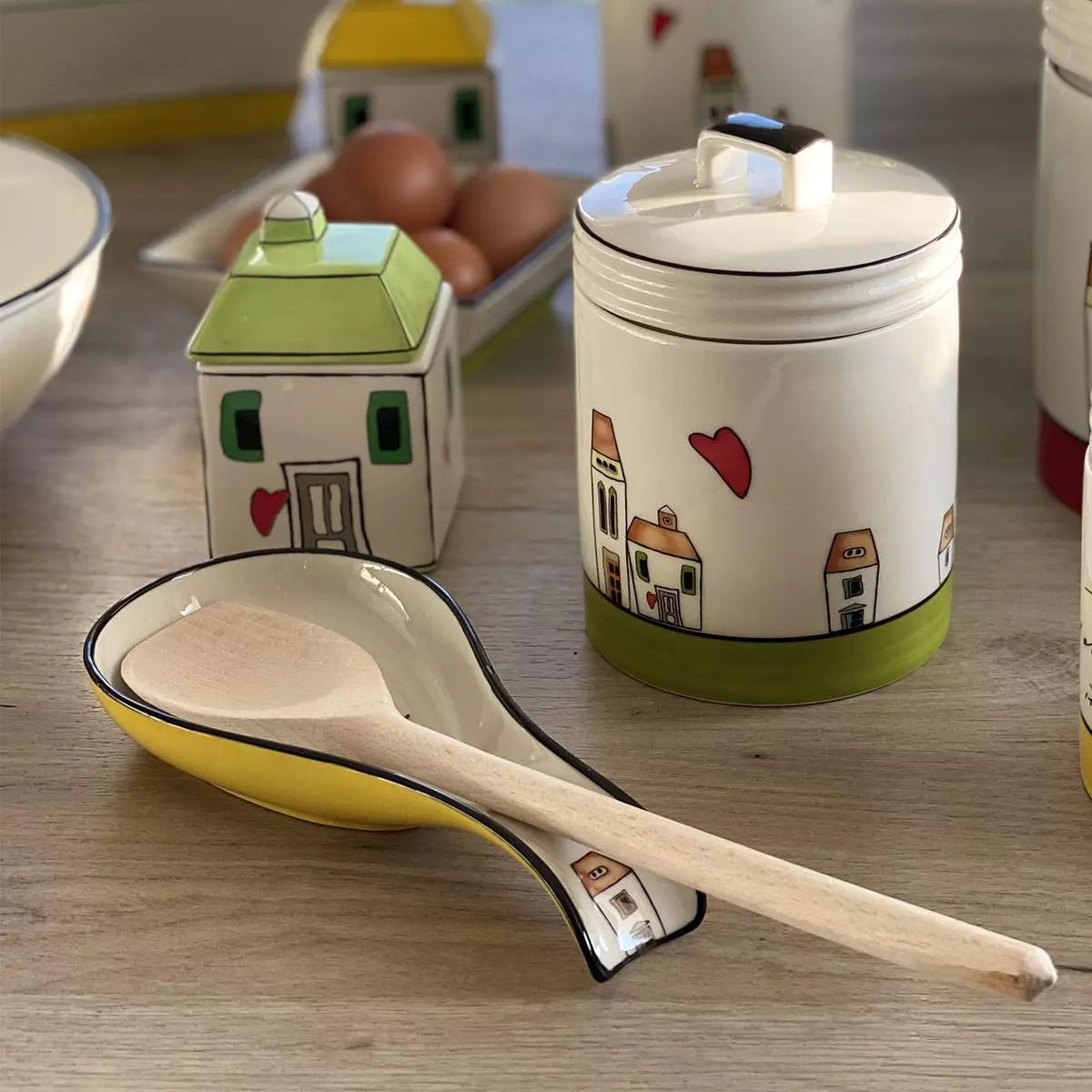 Set Grembiule+ Sottopentola+ Poggiamestolo "Le Casette"