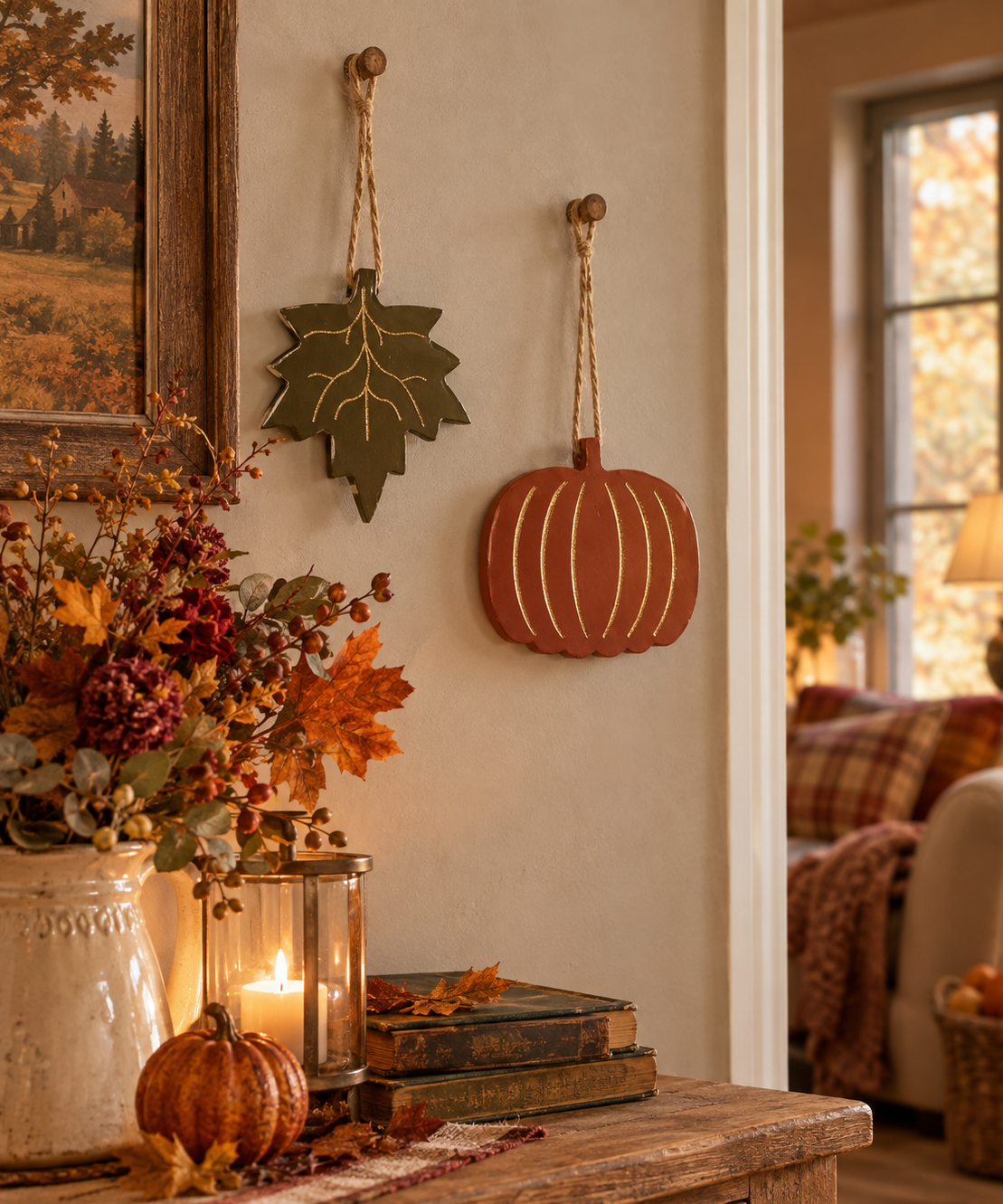 Decorazione da appendere assortita Tancredi con foglia e zucca in legno di mango, stile autunnale e accogliente.