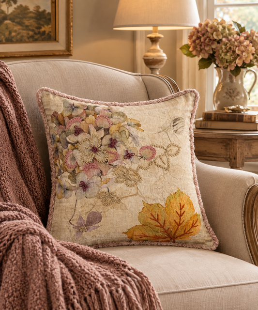 Cuscino stampato e ricamato "Promenade" con design botanico di fiori e foglie su base chiara in cotone.