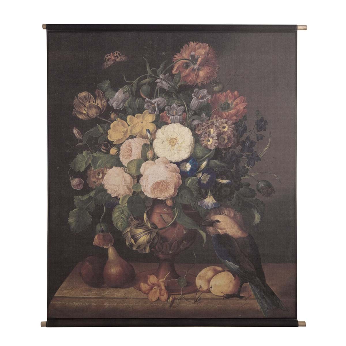 Tela decoro da parete Sogni su tela con bouquet di fiori e uccello su sfondo scuro.