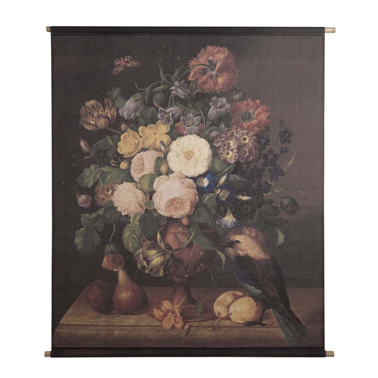 Tela decoro da parete Sogni su tela con bouquet di fiori e uccello su sfondo scuro.
