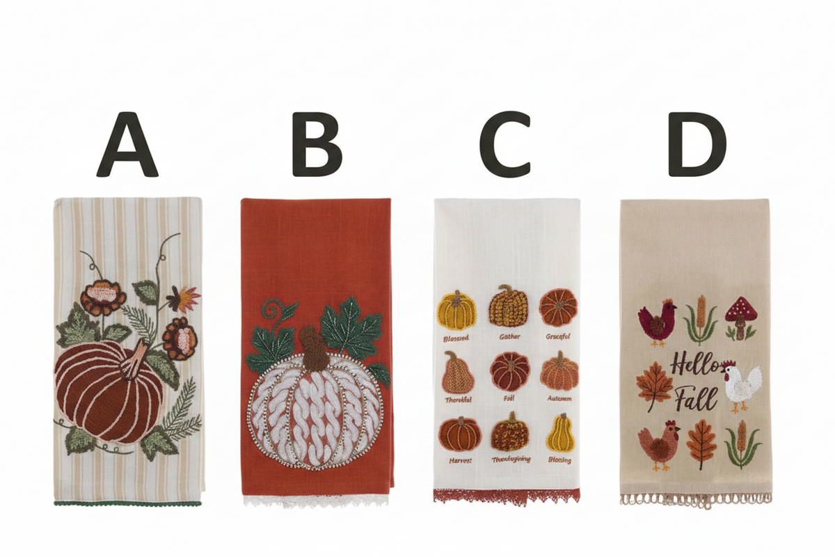 Canovaccio con applicazioni assortito Autunno, accessori da cucina in cotone con decorazioni autunnali e zucche.