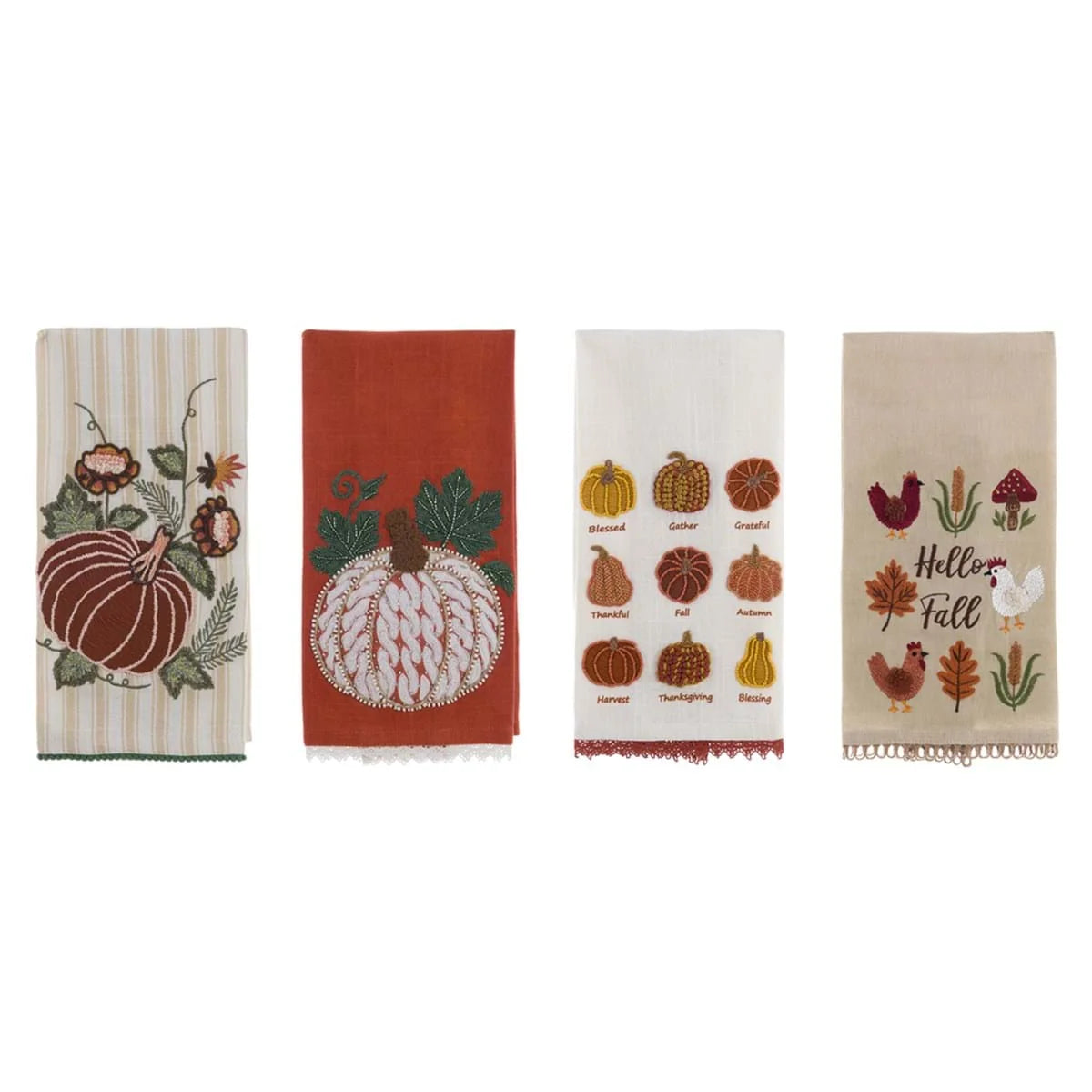 Canovaccio con applicazioni assortito Autunno, accessori da cucina in cotone con decorazioni autunnali e zucche.