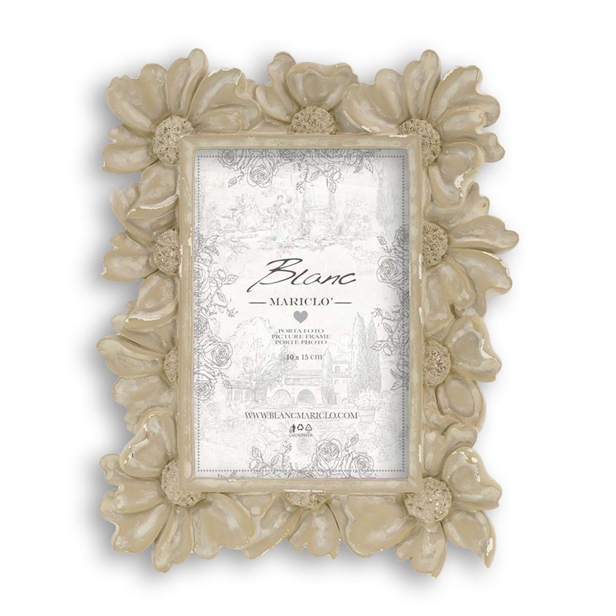  portafoto rettangolare Fiori Vivienne, in resina con cornice floreale in rilievo