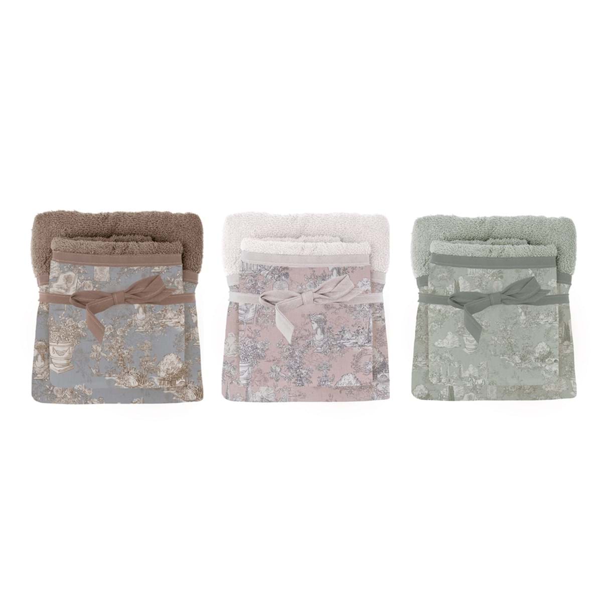 Coppia di spugne assortite Toile du borgo in tonalità pastello con eleganti bordi e fasce decorative.