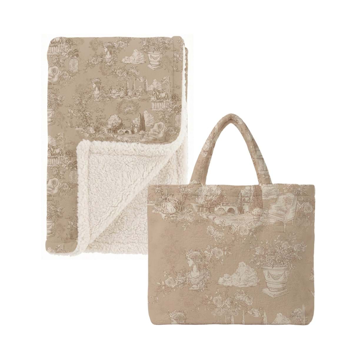 Plaid in sherpa "Toile du Borgo" completo di una borsa tote beige, caratterizzato da un design elegante e romantica stampa