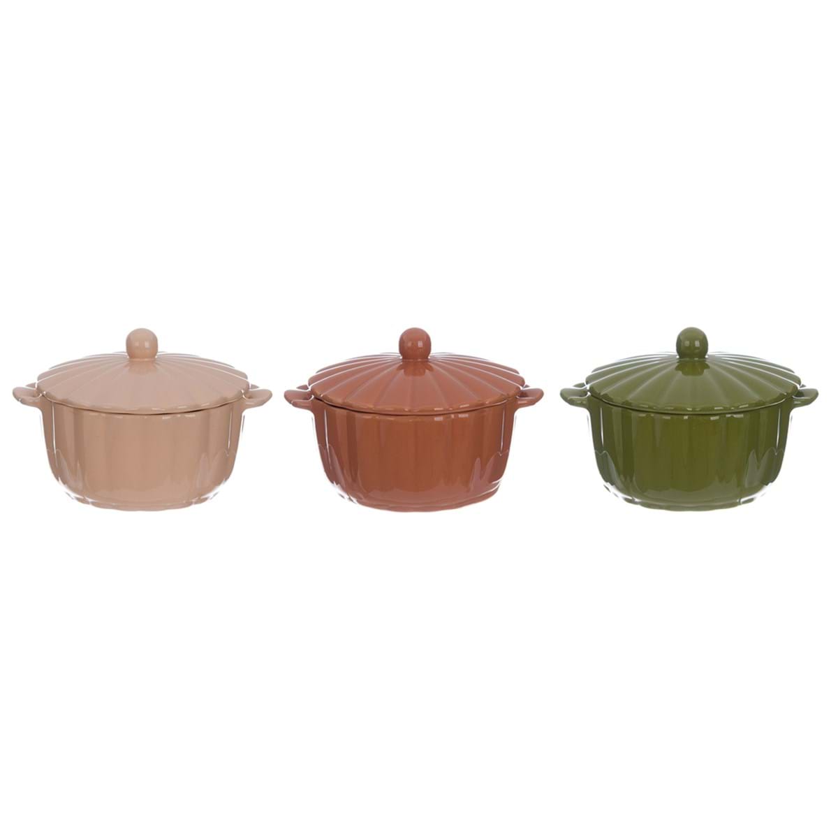Casseruola con coperchio Galassia in tre colori diverse: beige, terracotta e verde, perfetta per cucinare e servire.
