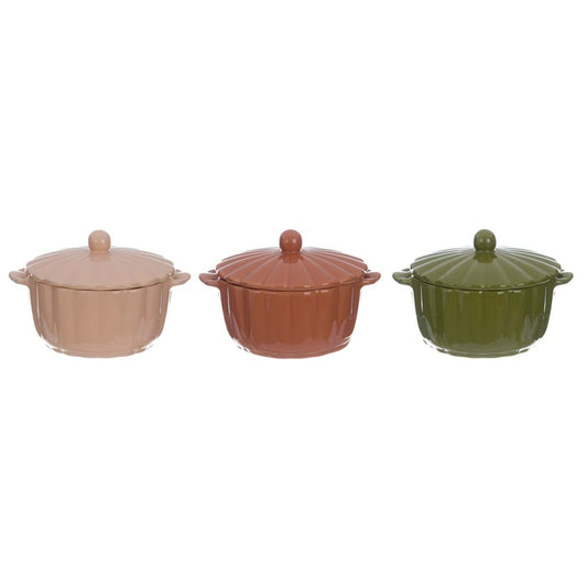 Casseruola con coperchio Galassia in tre colori diverse: beige, terracotta e verde, perfetta per cucinare e servire.