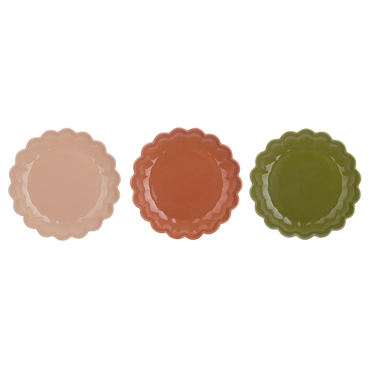 Piatto assortito tondo Galassia con tre colori, design elegante e bordo ondulato per la tavola.