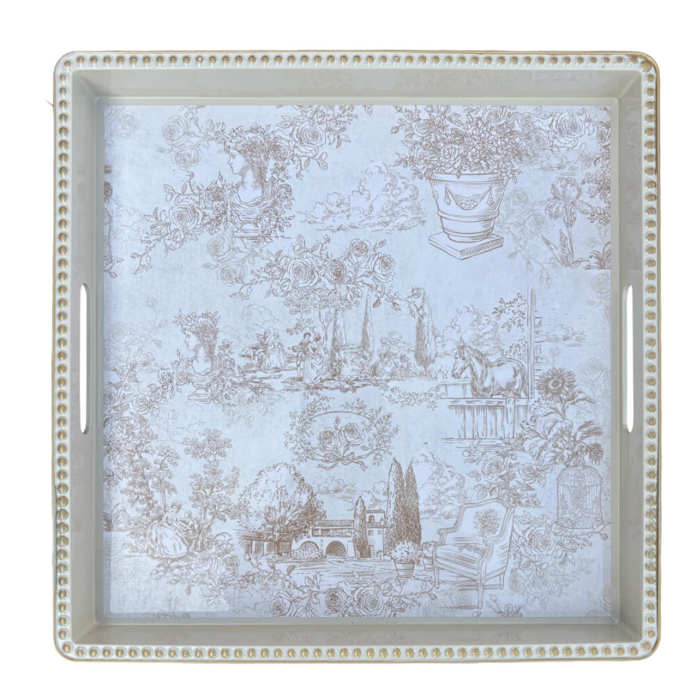 set 2 vassoio toile du borgo, elegante vassoio in melammina con decorazione Toile di paesaggi e giardini romantici.