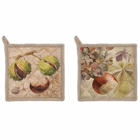 Presine assortite per la cucina con design di castagne e foglie, perfette per l'uso quotidiano.