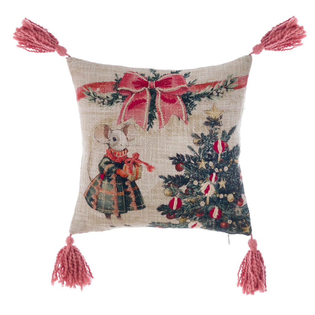 Cuscino ricamato con nappe “Favola di Natale”