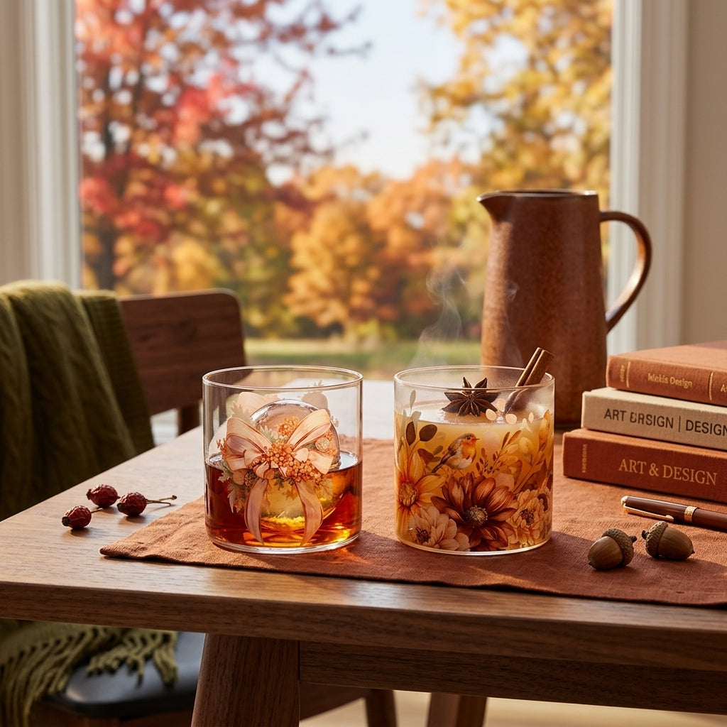 Set 6 bicchieri in vetro borosilicato racconti d'autunno con delicate fantasie floreali e decorative.