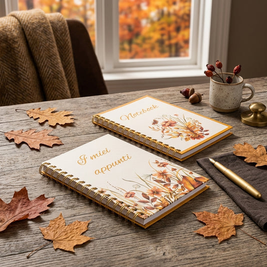 Quaderno assortito giardino d'autunno con copertine I miei appunti e Notebook, decorate con illustrazioni floreali.