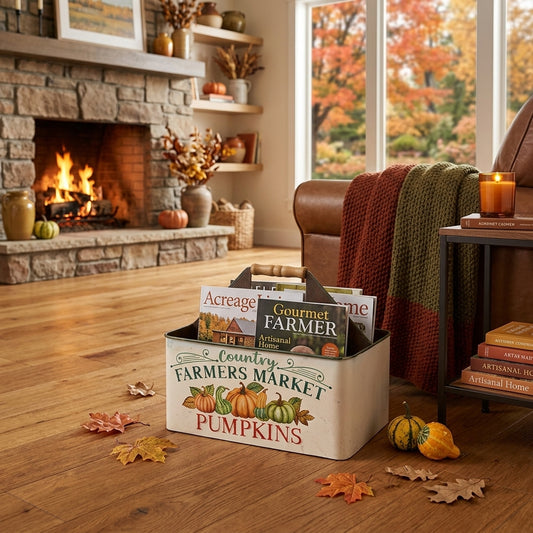 Porta riviste "racconti d'Autunno" in metallo con design country e scritta Farmers Market.