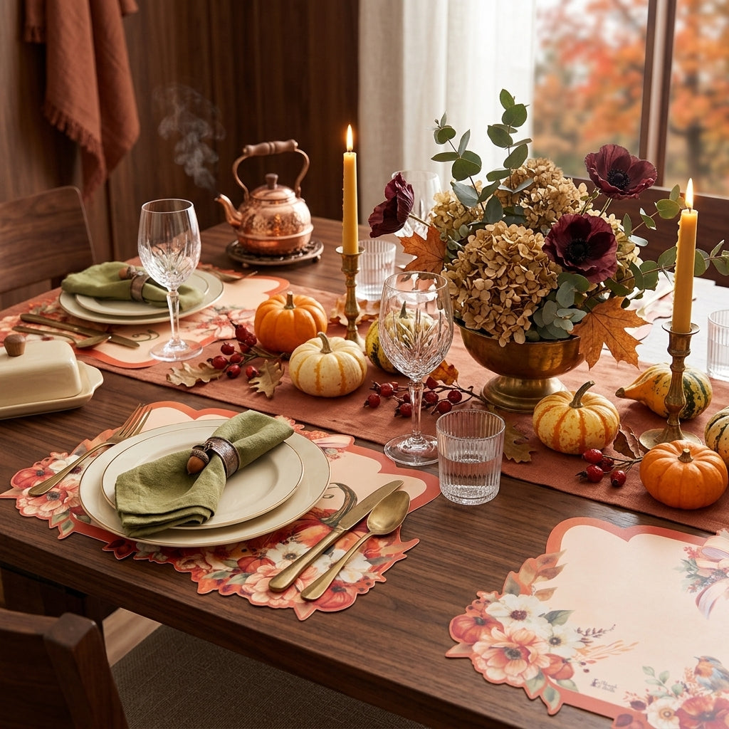 tovaglietta americana in vinile Racconti d'Autunno con zucche, fiori e un uccellino in un design romantico e accogliente.