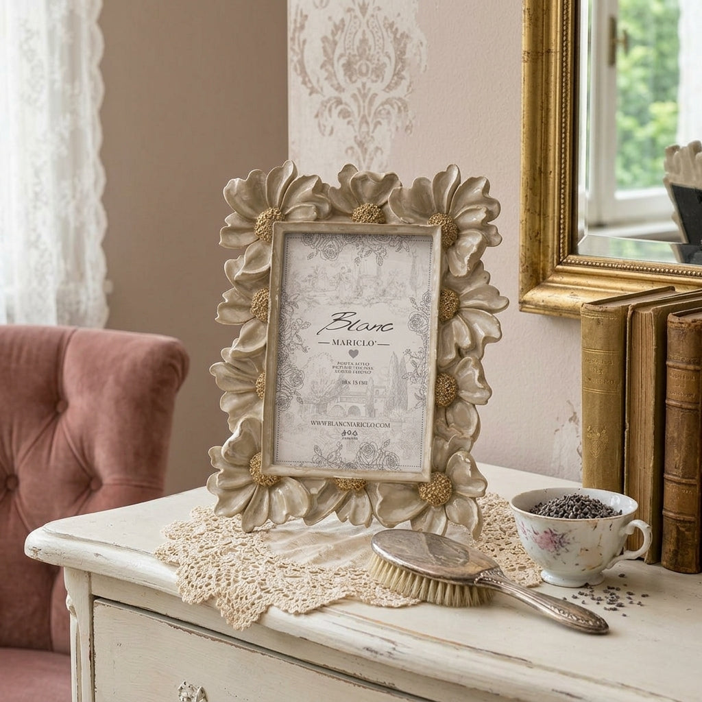  portafoto rettangolare Fiori Vivienne, in resina con cornice floreale in rilievo