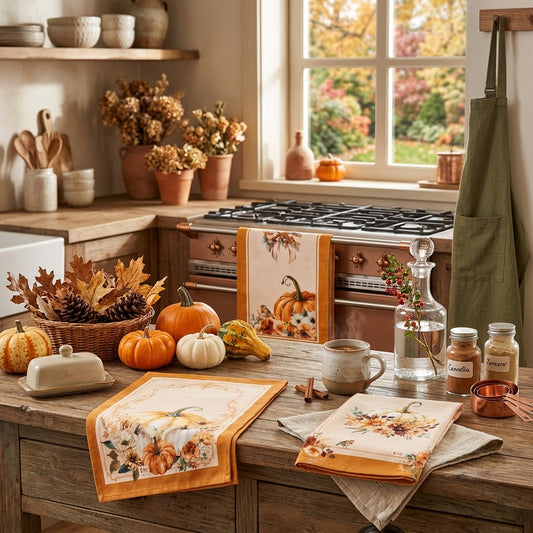 Strofinacci assortiti Racconti d'Autunno con illustrazioni di zucche e fiori in tonalità calde.