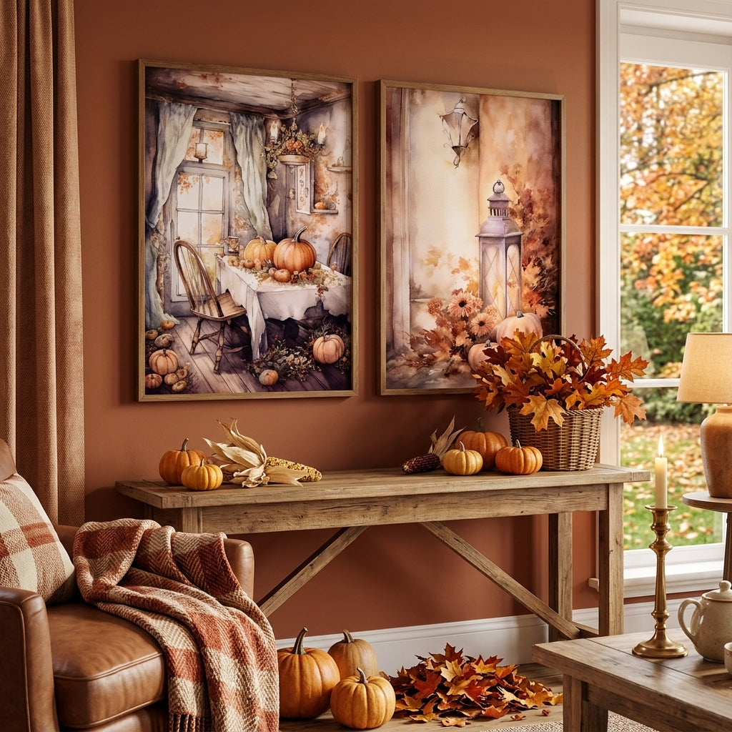 quadro assortito casa d'autunno con decorazioni autunnali in acquerello e oggetti di stagione