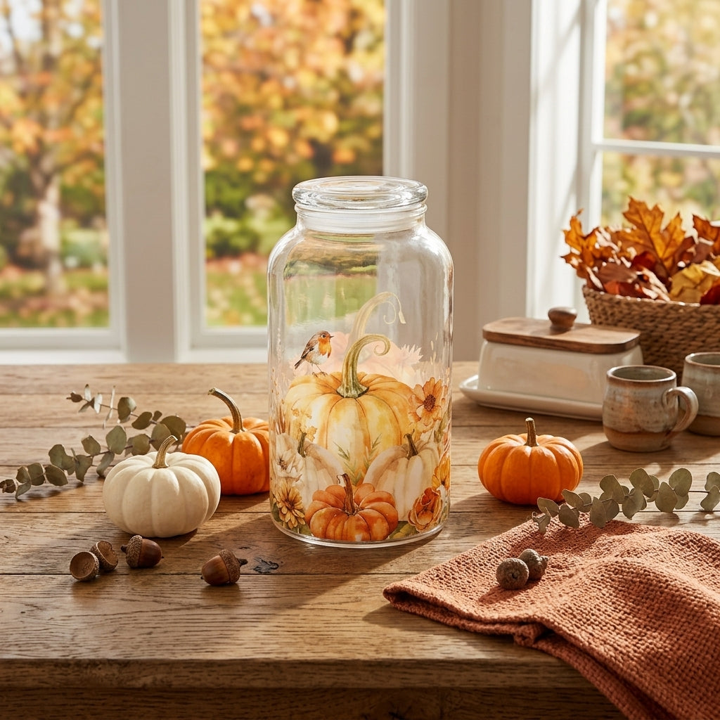 Barattolo in vetro borosilicato "Racconti d'Autunno" con decorazioni di zucche e fiori.