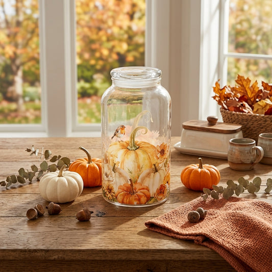 Barattolo in vetro borosilicato "Racconti d'Autunno" con decorazioni di zucche e fiori.