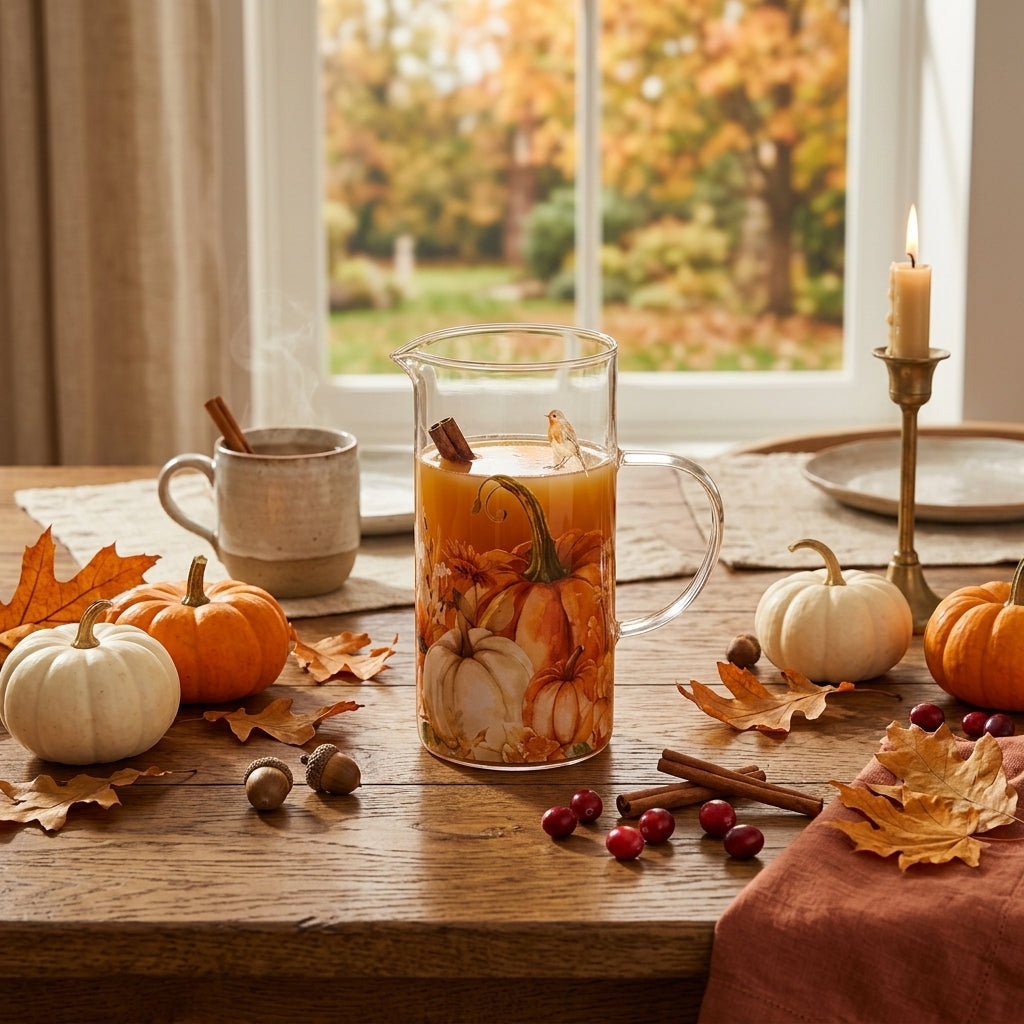 brocca in vetro borosilicato racconti d'autunno con decorazione autunnale di zucche e fiori.