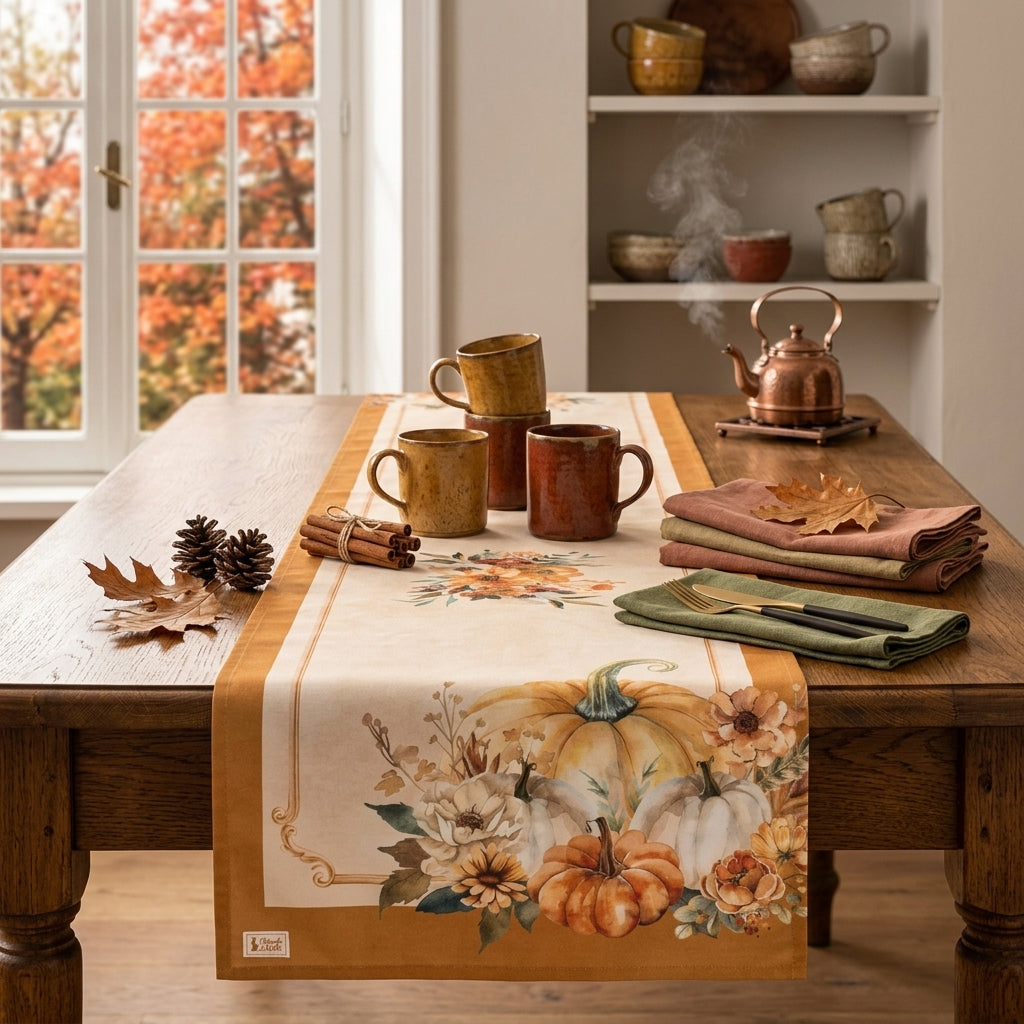Runner Racconti d'Autunno con dettagli di zucche e fiori, ideale per decorare la tavola durante l'autunno.
