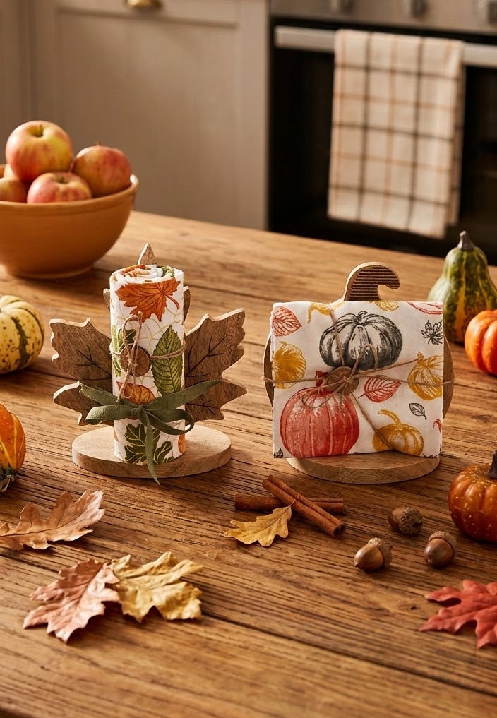 Canovacci con decoro in legno zucche, set elegante con decorazioni autunnali e foglie.