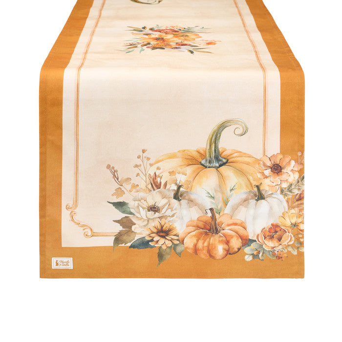 Runner Racconti d'Autunno con dettagli di zucche e fiori, ideale per decorare la tavola durante l'autunno.