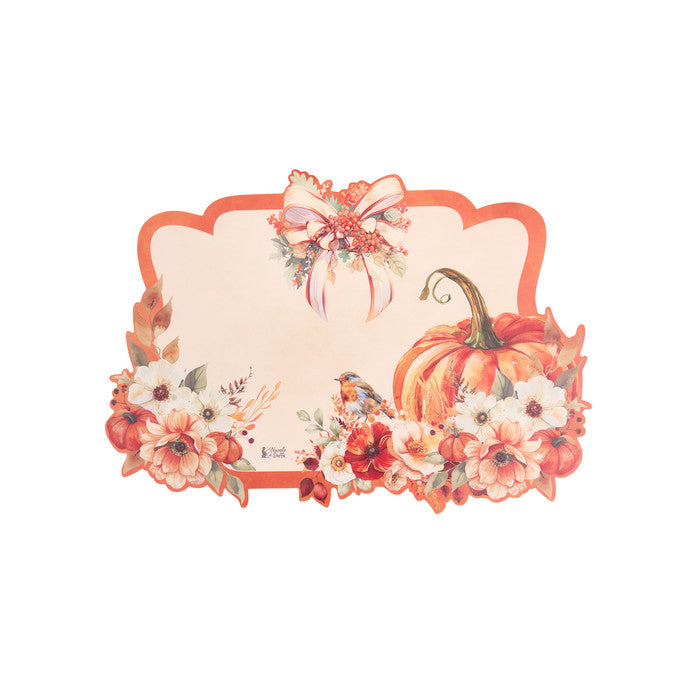 tovaglietta americana in vinile Racconti d'Autunno con zucche, fiori e un uccellino in un design romantico e accogliente.
