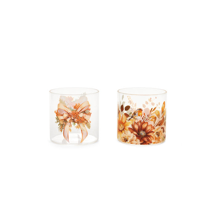 Set 6 bicchieri in vetro borosilicato racconti d'autunno con delicate fantasie floreali e decorative.