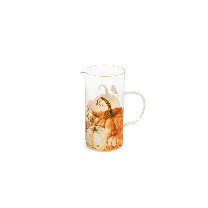 brocca in vetro borosilicato racconti d'autunno con decorazione autunnale di zucche e fiori.