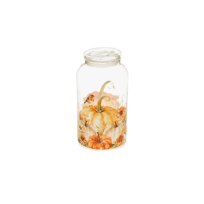 Barattolo in vetro borosilicato "Racconti d'Autunno" con decorazioni di zucche e fiori.