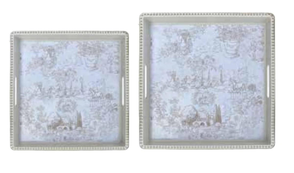 set 2 vassoio toile du borgo - due vassoi decorati in melammina con paesaggi romantici.